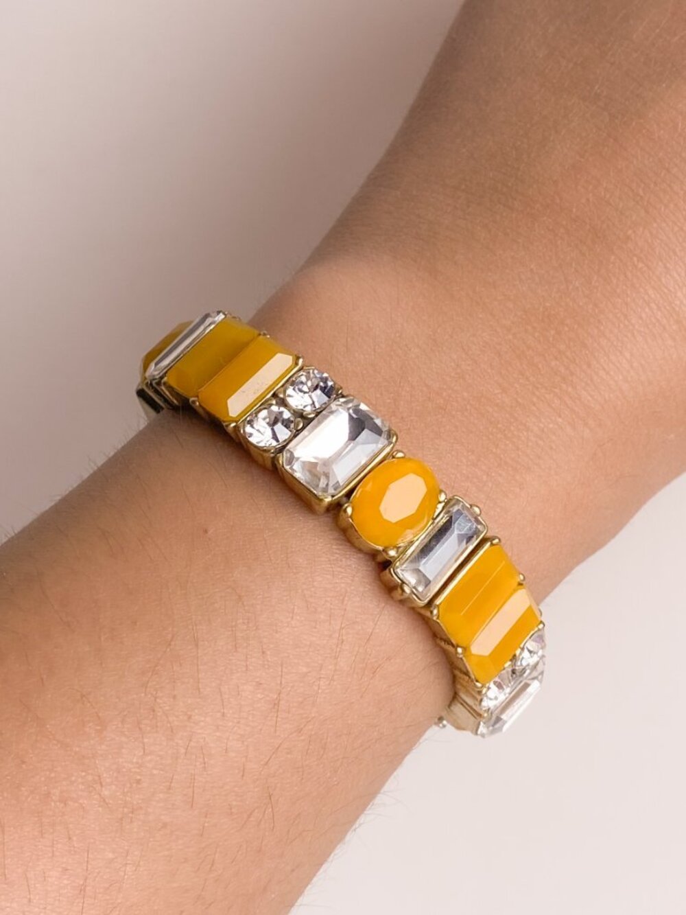 J.Crew Orange Chunky Rhinestone Clear Jewel Gold Bling Sparkle Stretch Bracelet